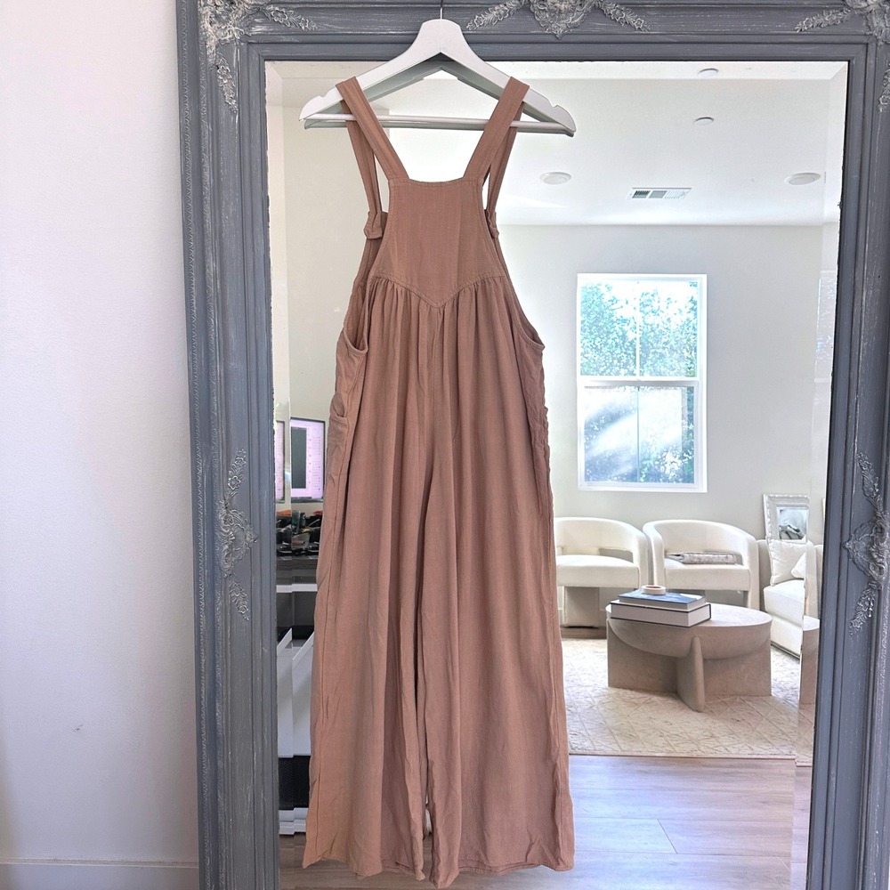 Kori Tan Linen Wide Leg Overalls Jumpsuit Chore Granola Baggy Boho Coastal S - Picture 5 of 9
